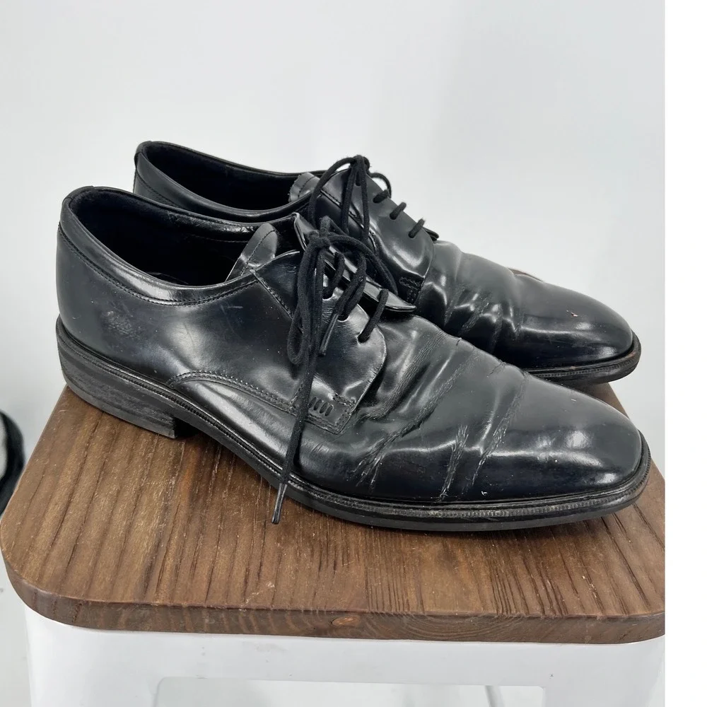 ECCO Mens Black Leather Derby Shoes Lace Up Shock Point Dress Shoes Size 42